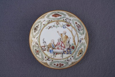 A Chinese famille rose 'Pompadour' mustard jar and a Pronk 'Doctor's visit' saucer, Qianlong